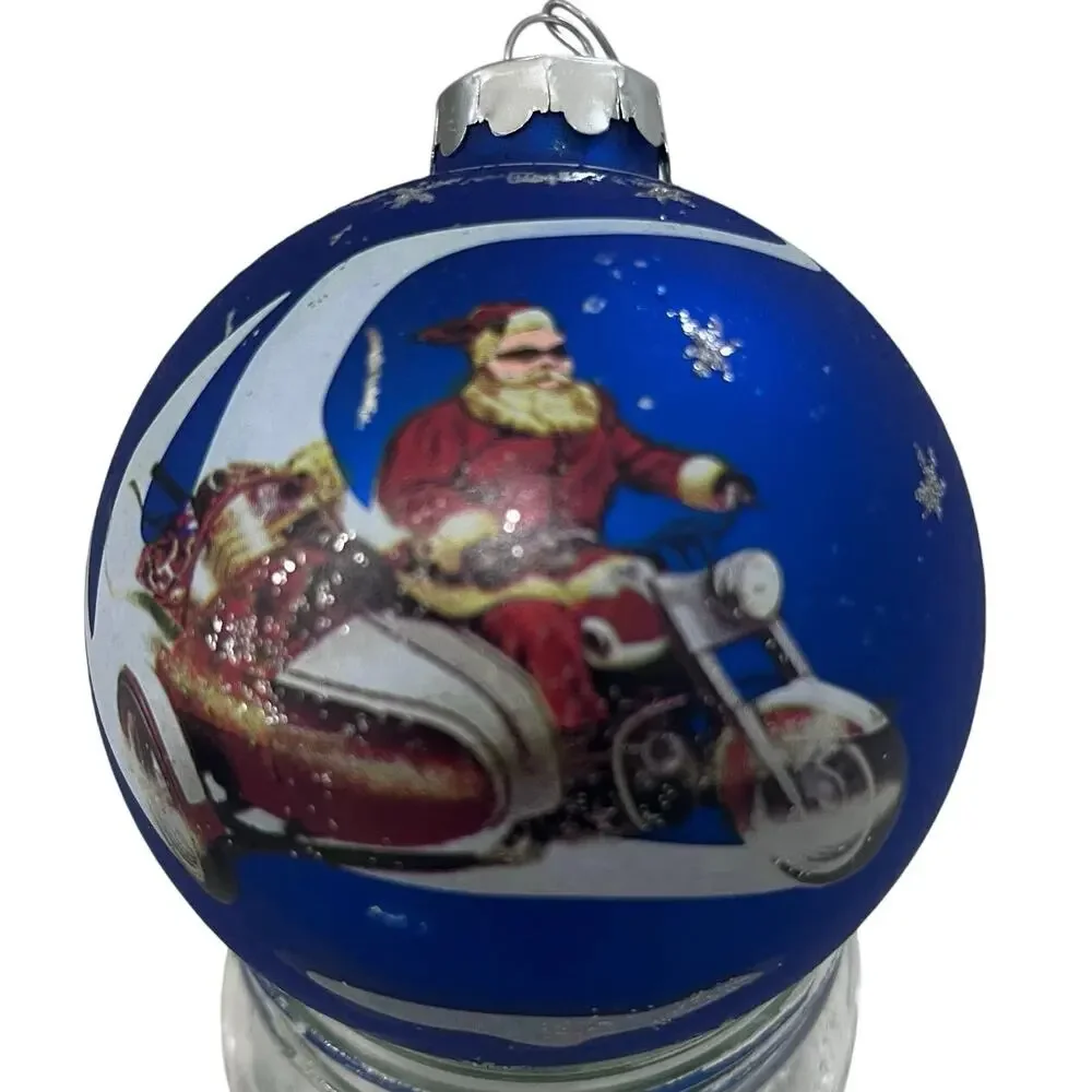 2007 Harley Davidson Starry Blue Biker Santa Glass Ball Christmas Ornament